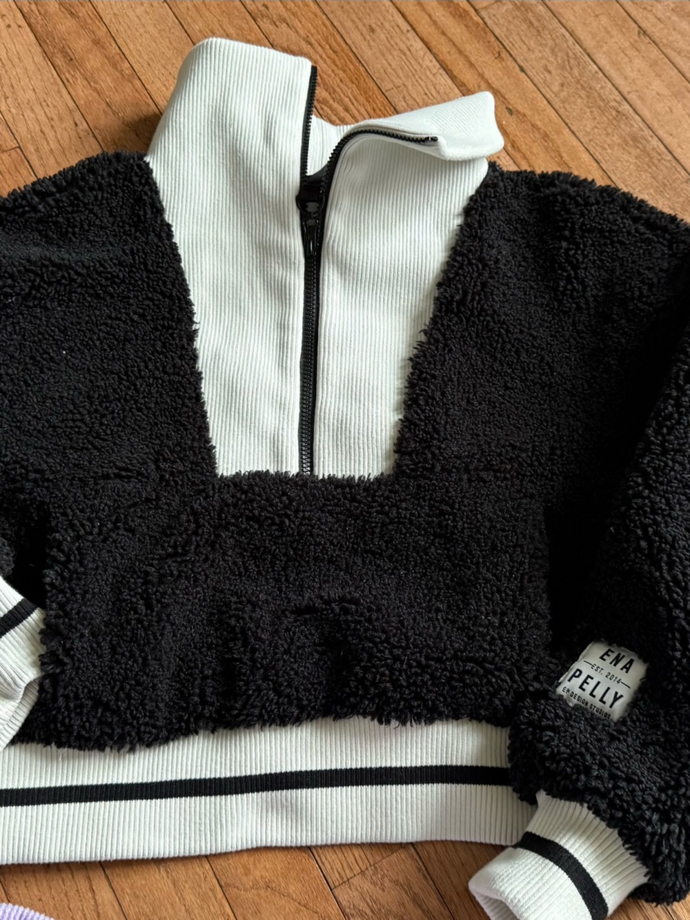 Ena Pelly Black Sherpa Teddy Pullover with Cream Ribbed Trim